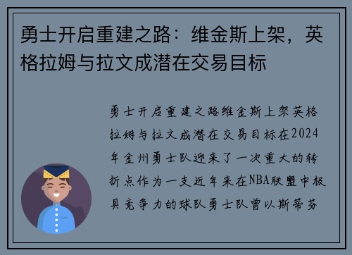 勇士开启重建之路：维金斯上架，英格拉姆与拉文成潜在交易目标