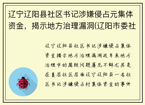 辽宁辽阳县社区书记涉嫌侵占元集体资金，揭示地方治理漏洞(辽阳市委社区)