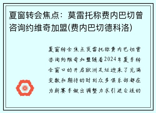 夏窗转会焦点：莫雷托称费内巴切曾咨询约维奇加盟(费内巴切德科洛)